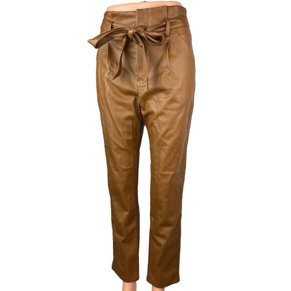 NEW Lucy Paris Brown Faux Vegan Leather Paperbag Tie Belt Trousers Pants Sz S - Picture 1 of 6